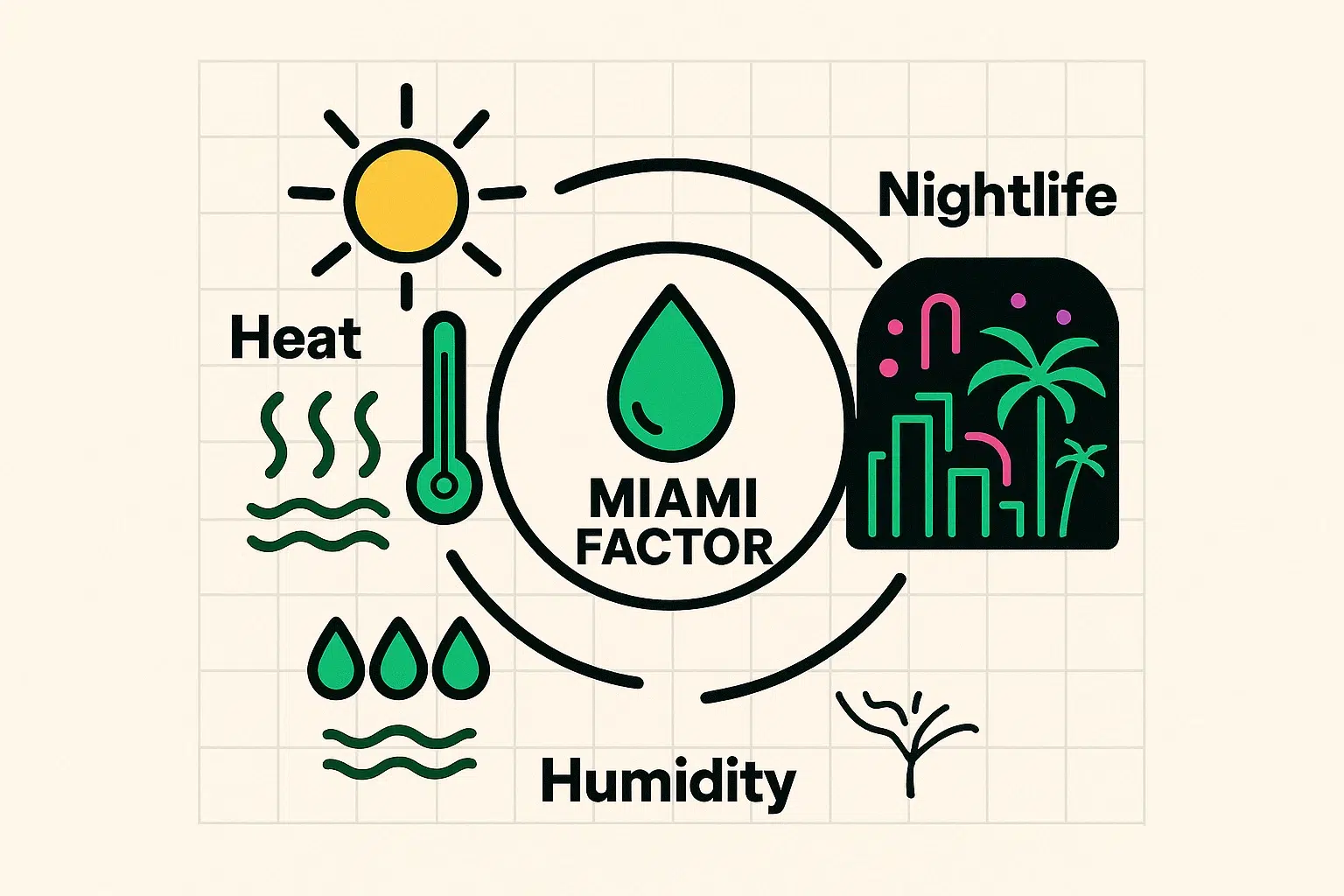 This visual explains how Miami's heat, humidity, and vibrant nightlife combine to create uniquely severe hangovers, emphasizing the need for rapid hydration.