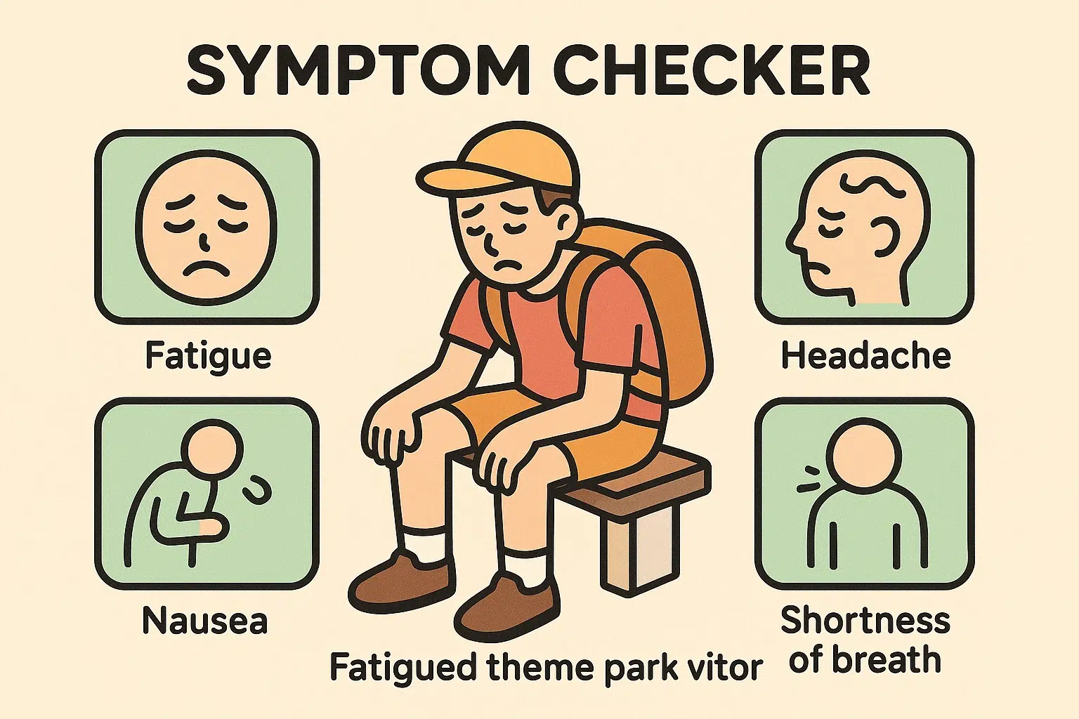 A visual symptom checker helps readers identify common signs of theme park fatigue and dehydration