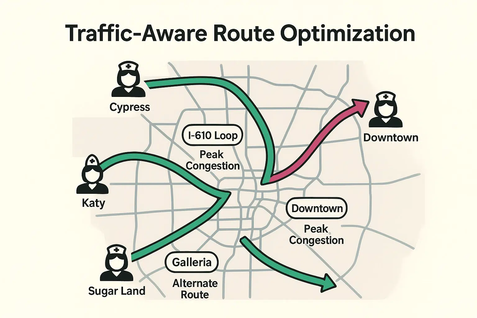 This visual explains how Intravene leverages real-time traffic data to optimize nurse routes around Houston congestion, ensuring timely arrivals.