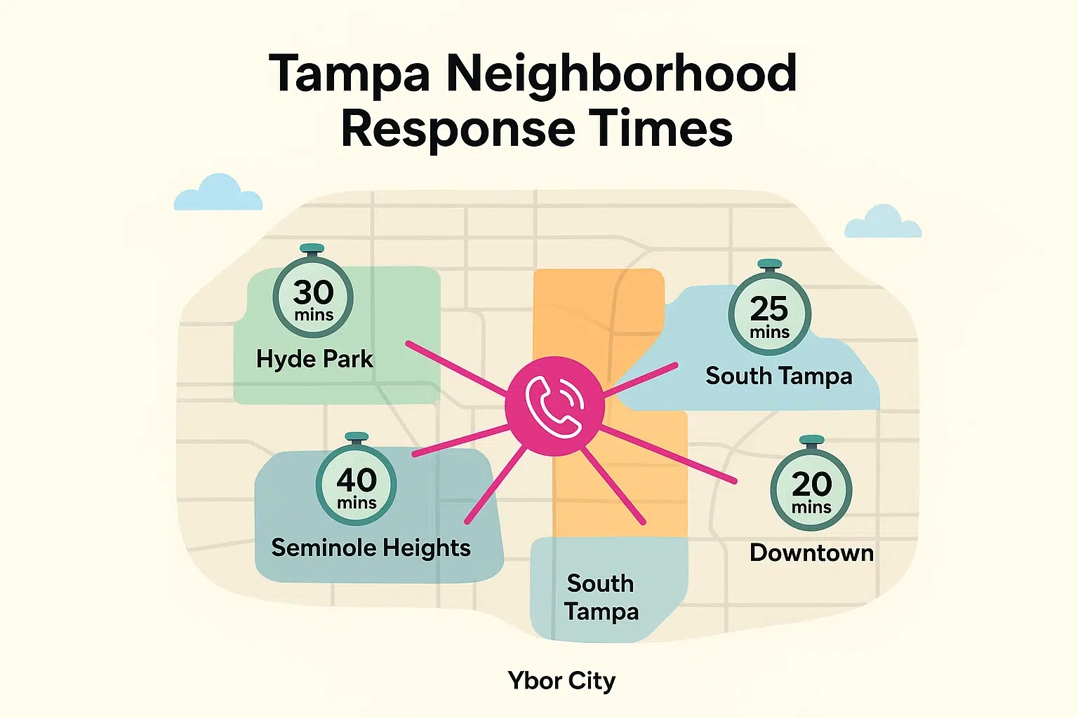 This map visualizes average same-day mobile IV response times across Tampa neighborhoods, highlighting Intravene’s rapid and localized service coverage