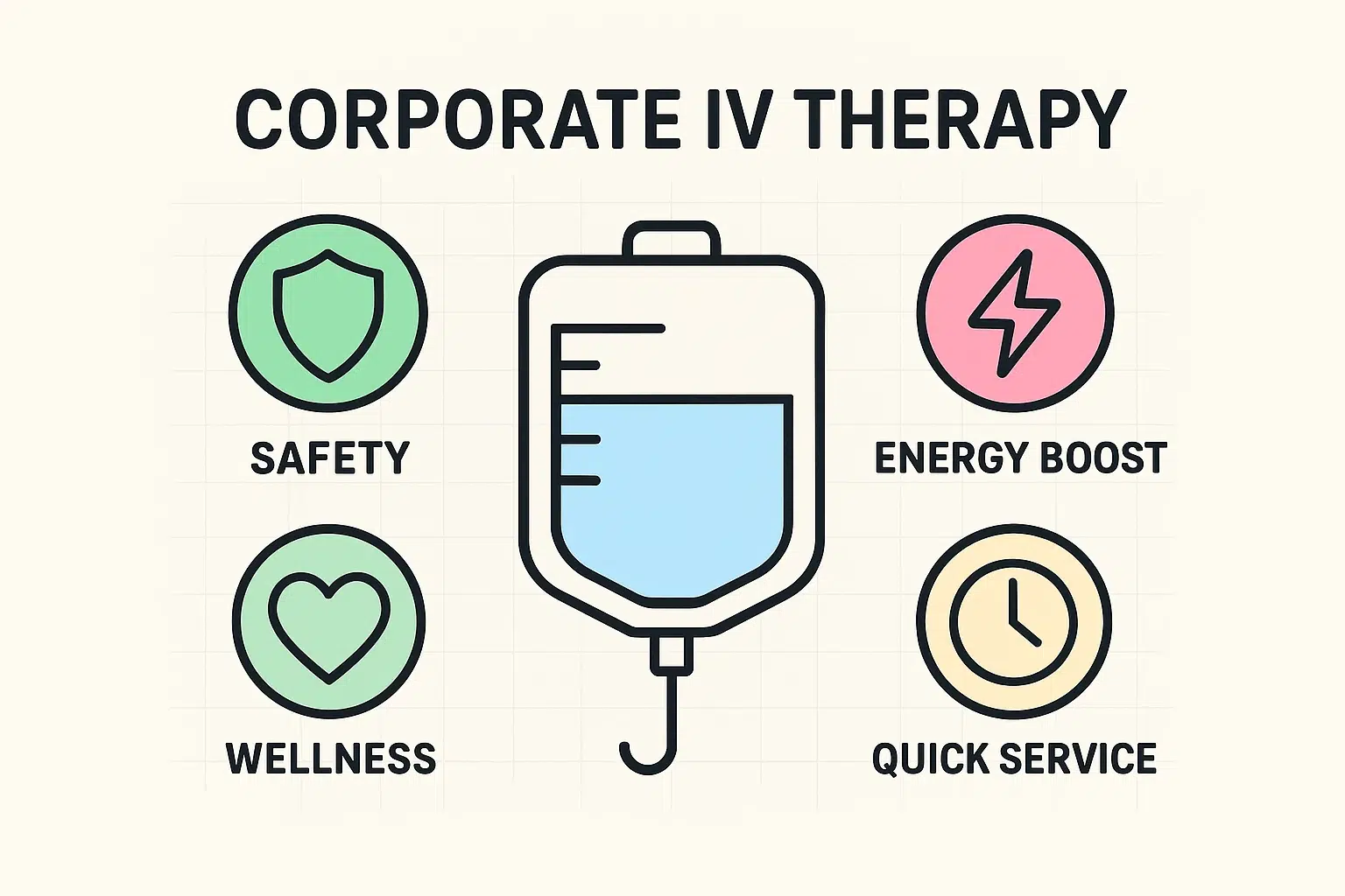 This visual explains the core concept of corporate IV therapy including safety, energy enhancement, wellness, and quick delivery benefits to readers.